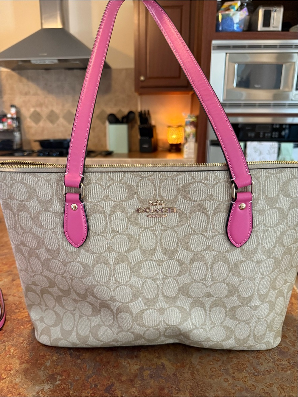 Coach Beige Signature Canvas Tote with Pink Leather Handles with pink wallet